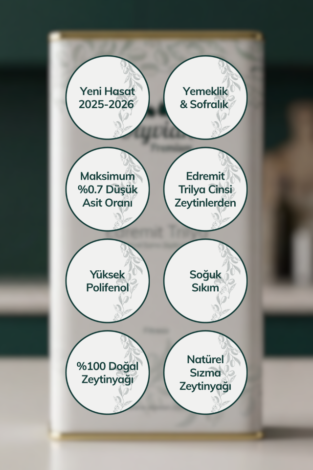 Premium Doğal Zeytinyağı 5 L – Edremit & Trilye Cinsi Natürel Sızma (Soğuk Sıkım)