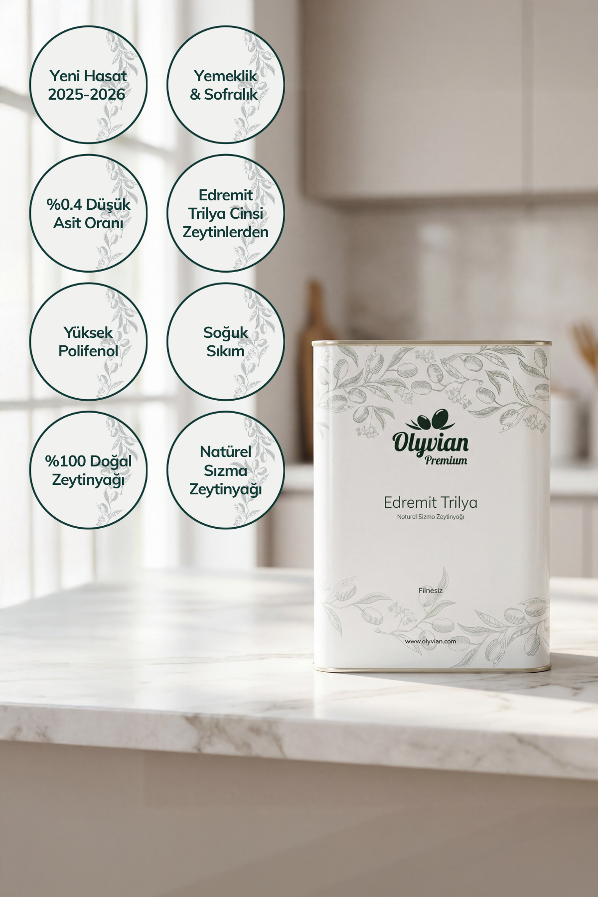 Premium Doğal Zeytinyağı 3 L – Edremit & Trilye Cinsi Natürel Sızma (Soğuk Sıkım)