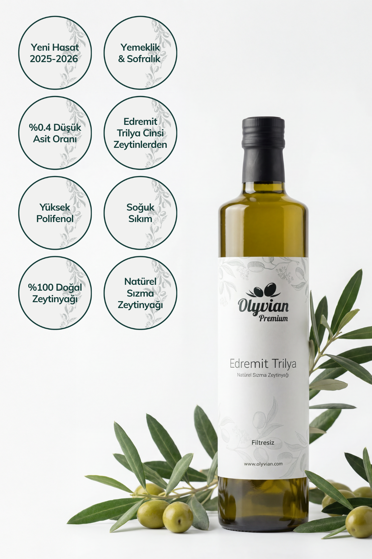 Premium Doğal Zeytinyağı 750 ml – Edremit & Trilye Cinsi Natürel Sızma (Soğuk Sıkım)