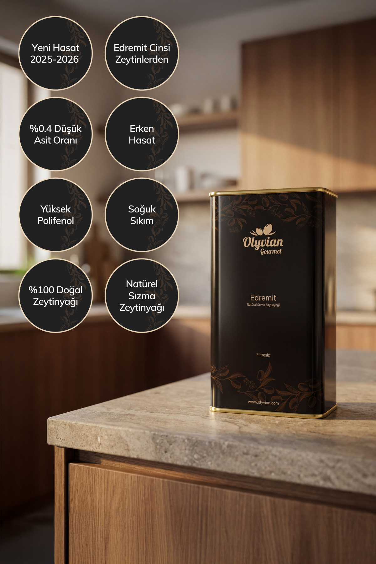 Gourmet Doğal Zeytinyağı 5 L – Edremit Cinsi Erken Hasat Natürel Sızma (Soğuk Sıkım)